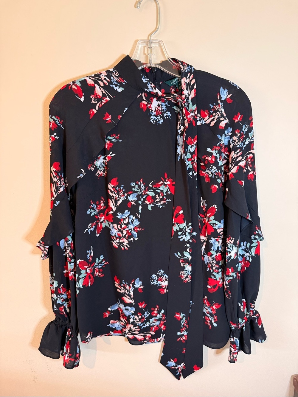 Ralph Lauren Navy Floral Tie-Neck Blouse